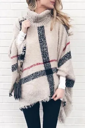 Fashion British Style Plaid Tassel Turtleneck Outerwear