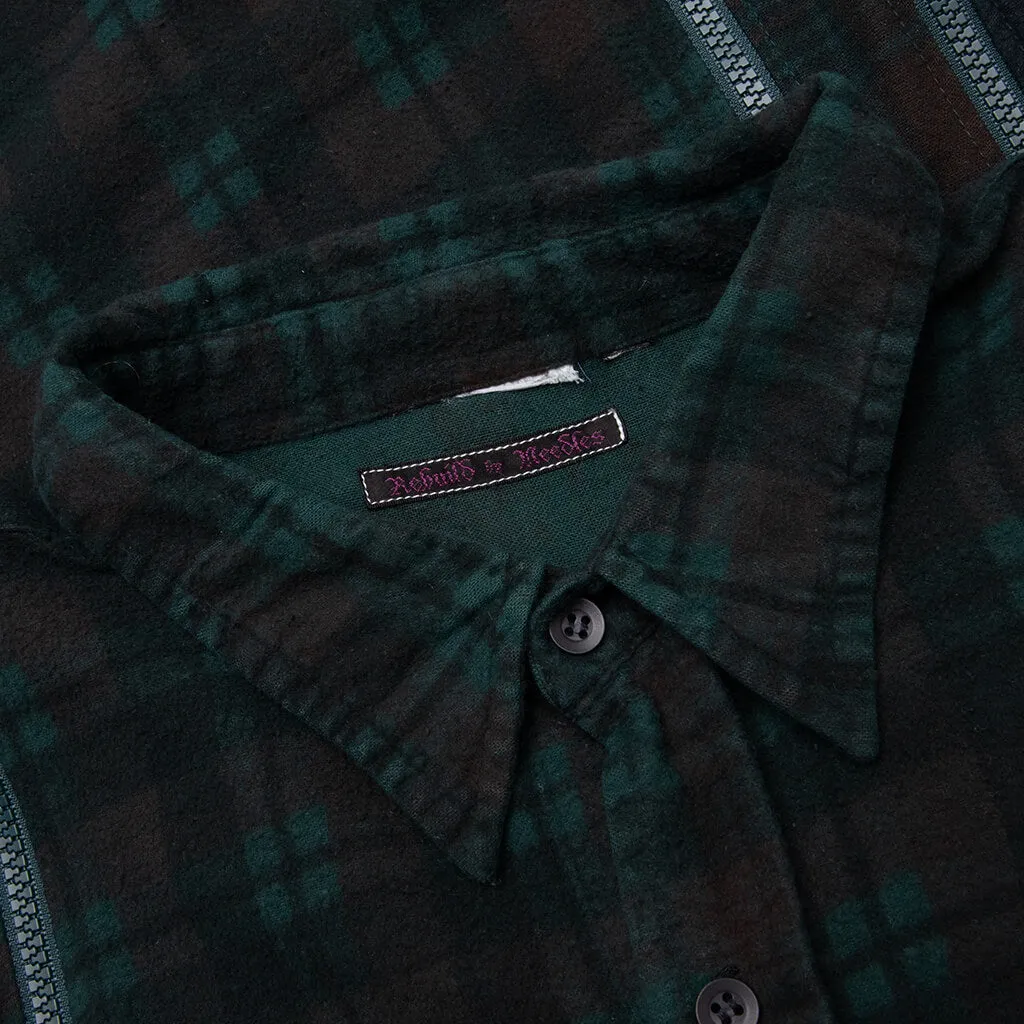 Flannel Shirt 7 Cuts Zipped Wide Shirt Over Dye - Green