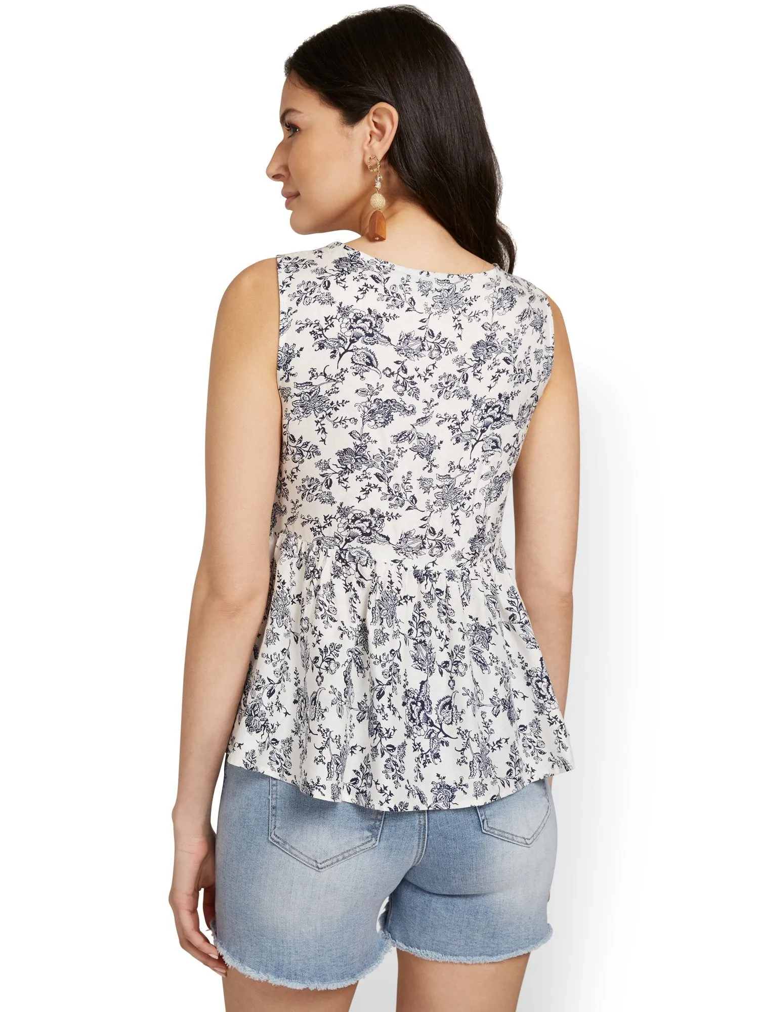 Floral Crochet-Inset V-Neck Top