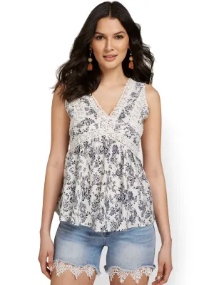 Floral Crochet-Inset V-Neck Top