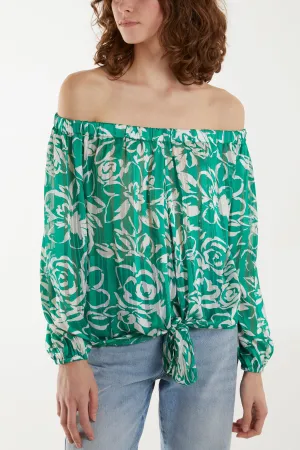 Floral Print Tie Front Bardot Top