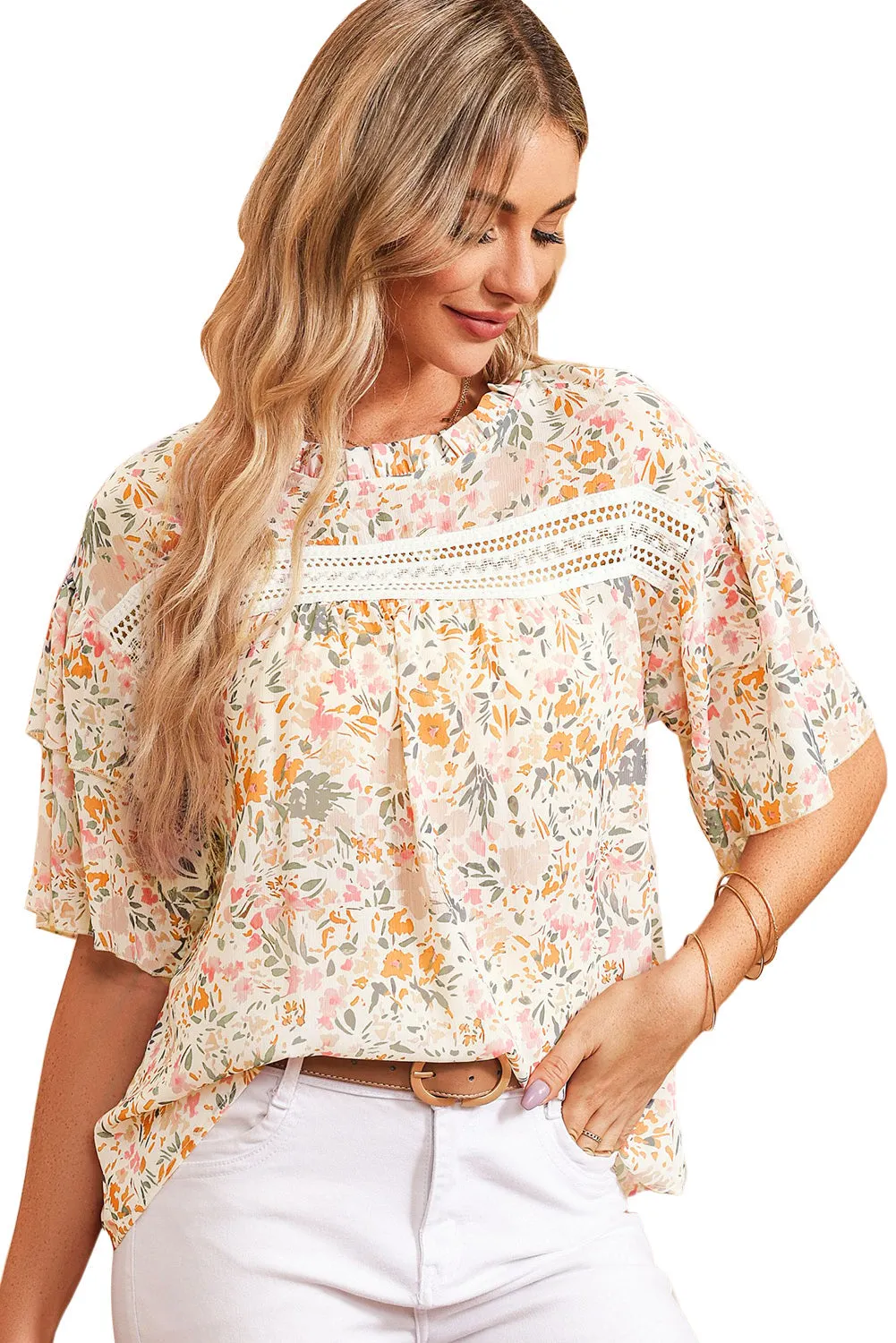 Floral Print Wide Ruffle Blouse