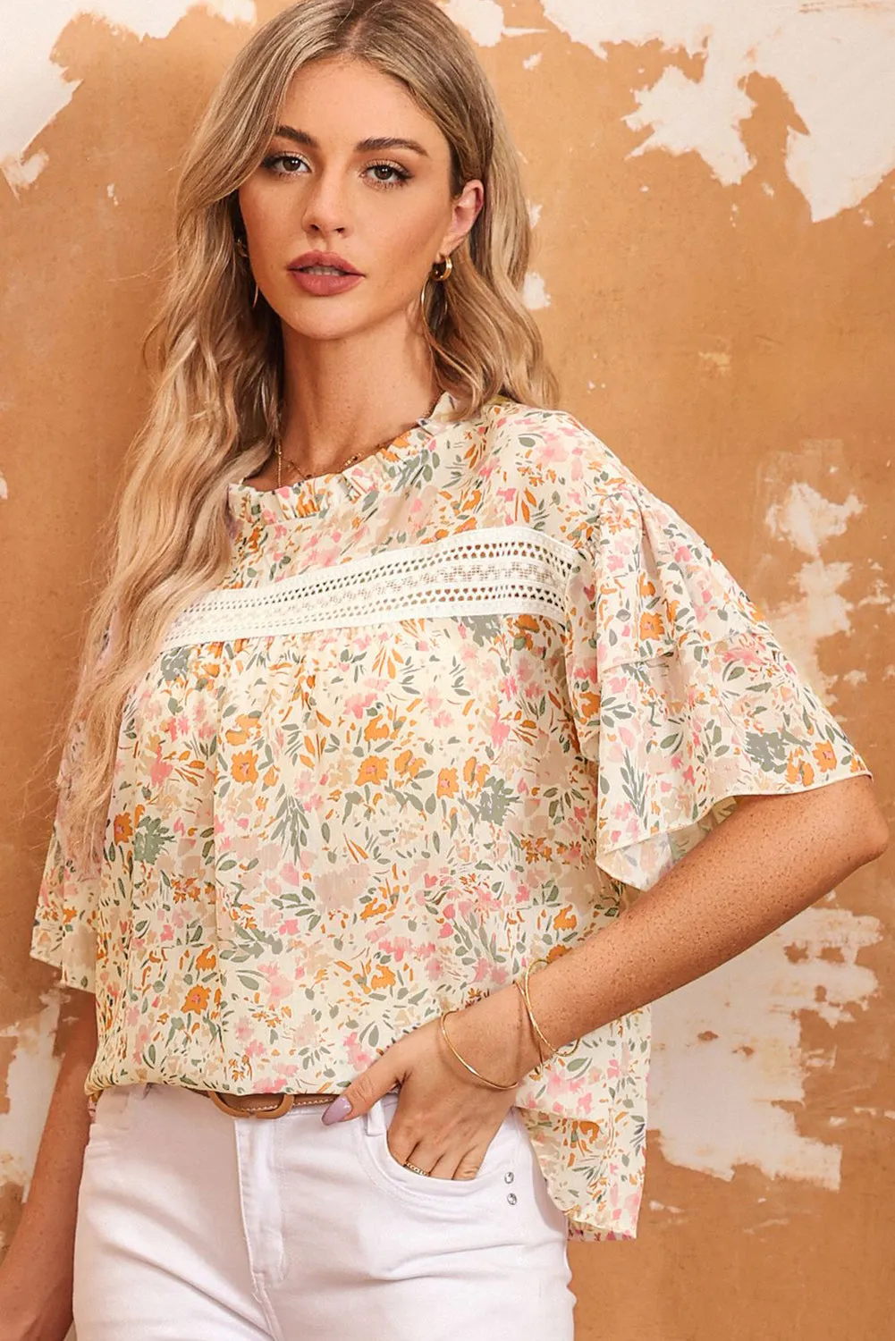 Floral Print Wide Ruffle Blouse