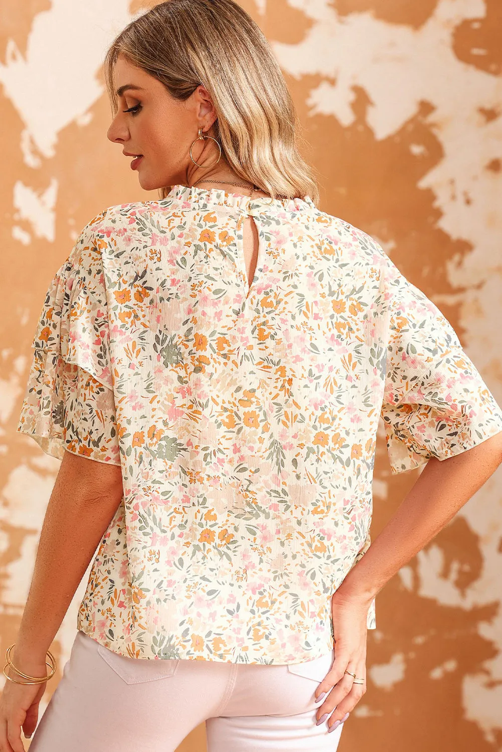 Floral Print Wide Ruffle Blouse