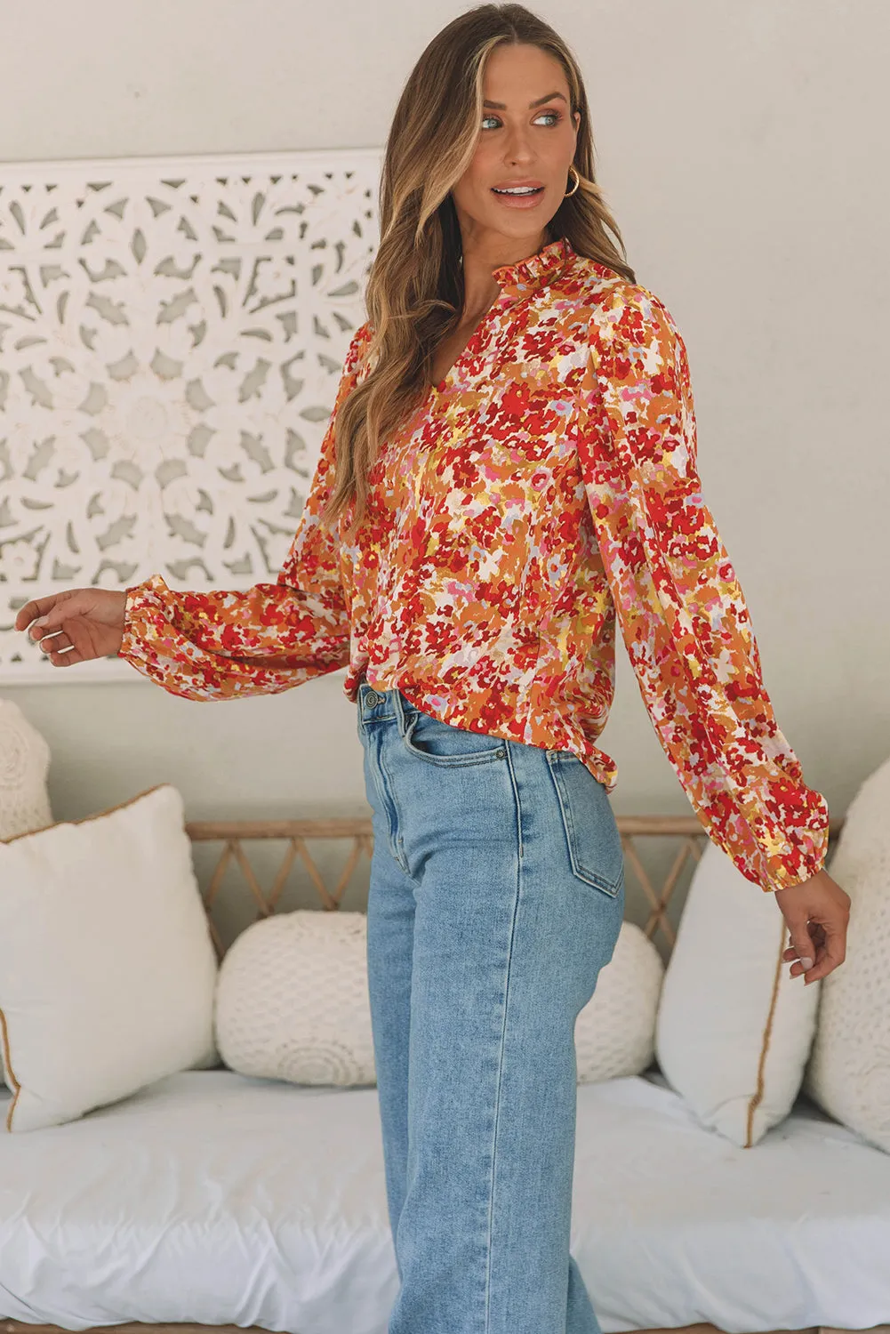 Frilled Bubble Sleeve Floral Blouse