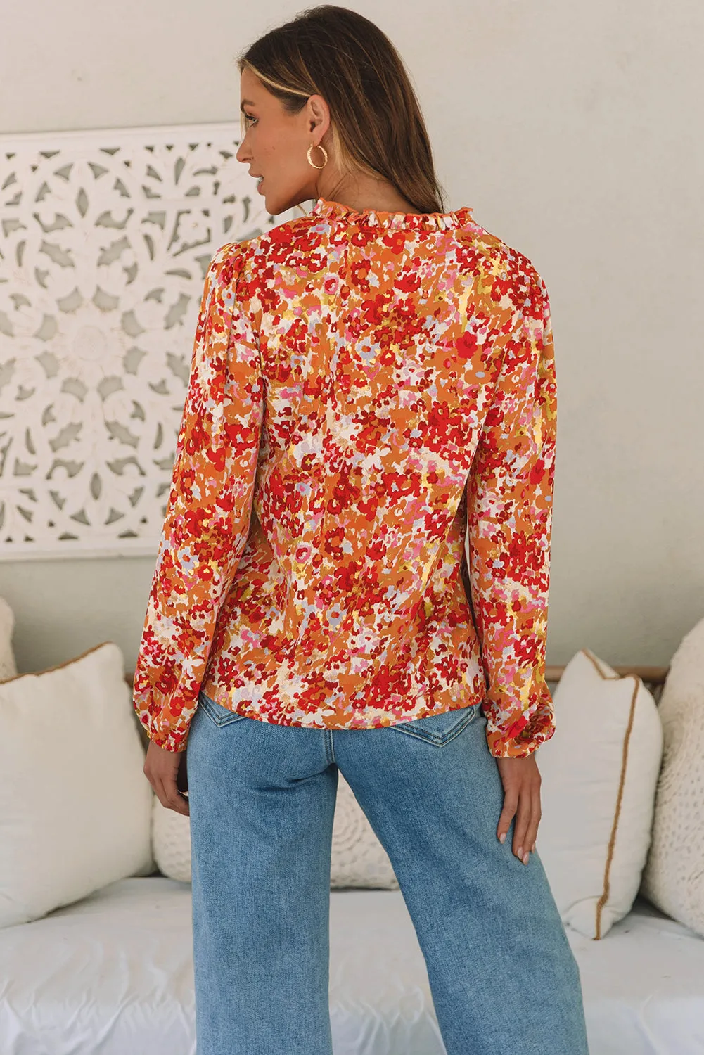 Frilled Bubble Sleeve Floral Blouse