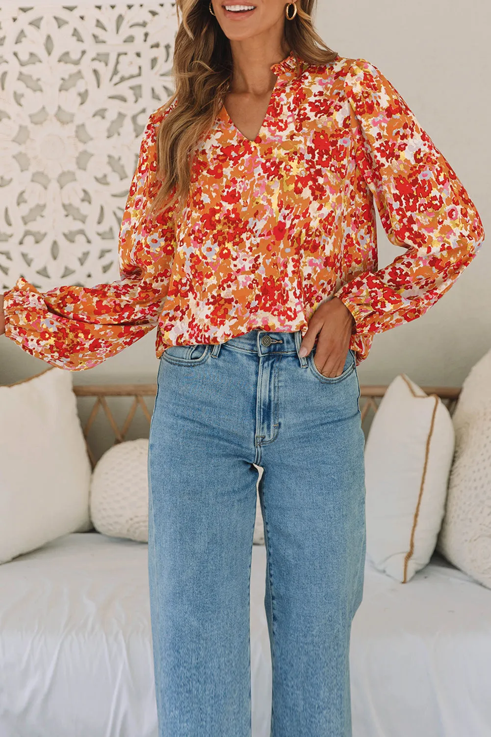 Frilled Bubble Sleeve Floral Blouse