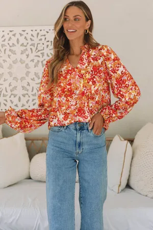 Frilled Bubble Sleeve Floral Blouse