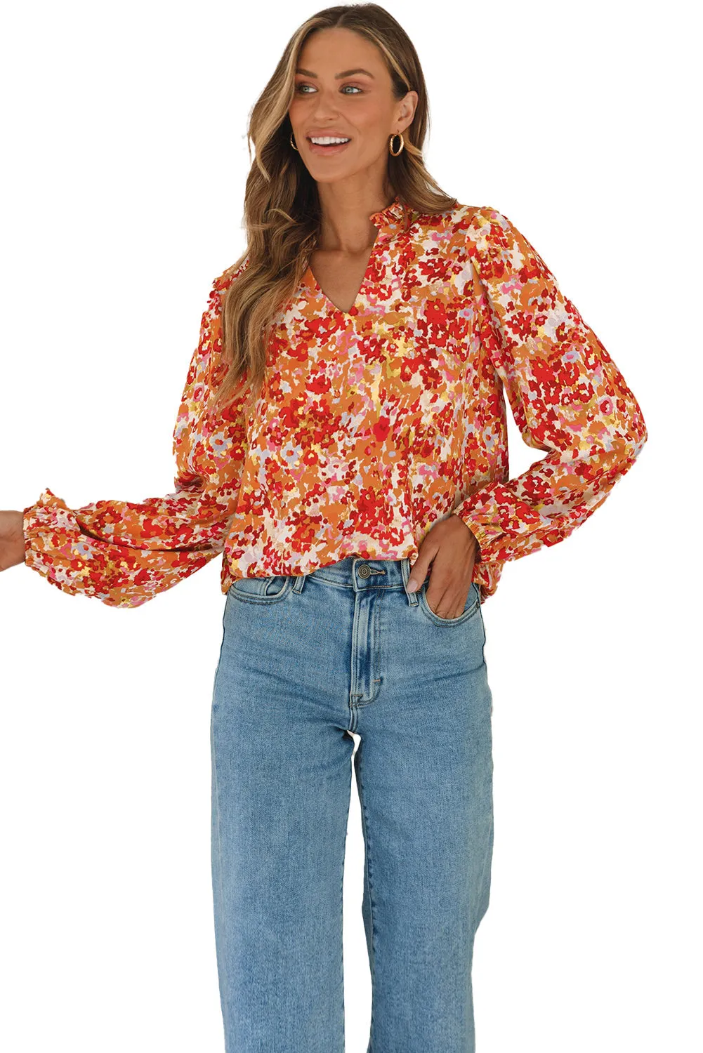 Frilled Bubble Sleeve Floral Blouse