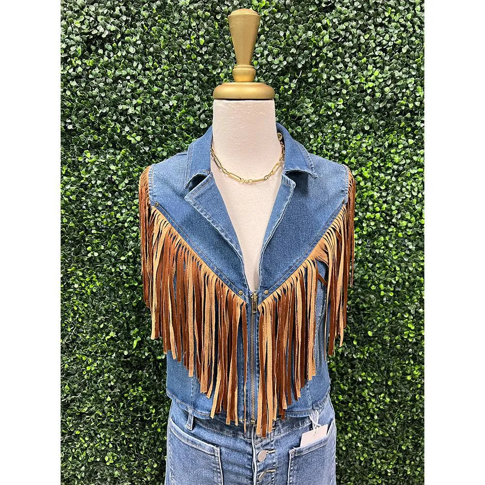 Fringe Denim Motor Vest