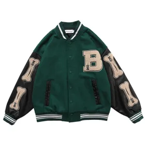 Furry Bone Letter Patch Color Block Patchwork Harajuku College Style Bomber Jacket Men Baseball Coats