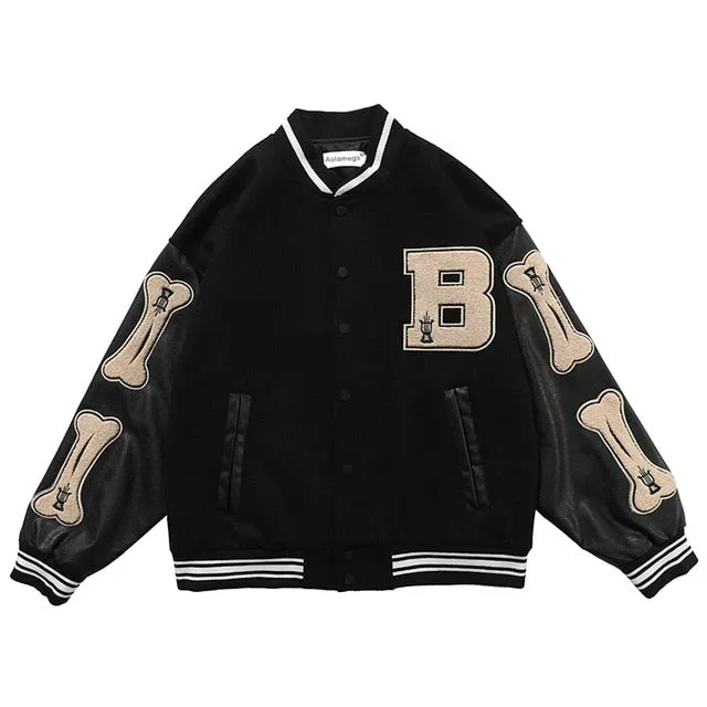 Furry Bone Letter Patch Color Block Patchwork Harajuku College Style Bomber Jacket Men Baseball Coats