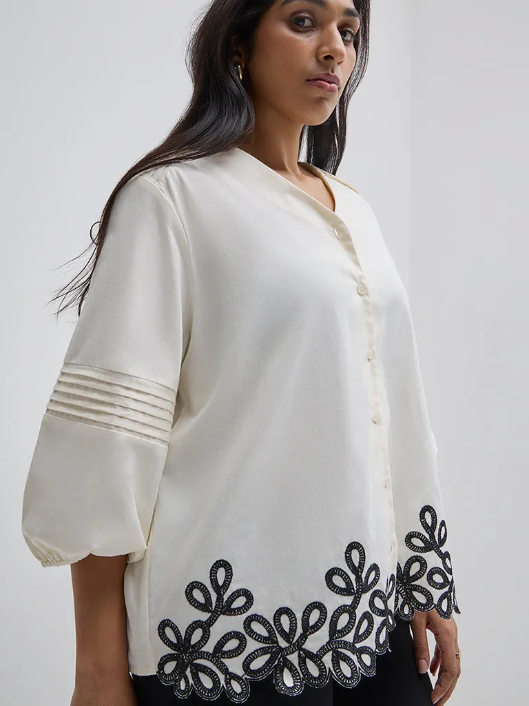 Gia Cream Embroidered Design Cotton Blouse