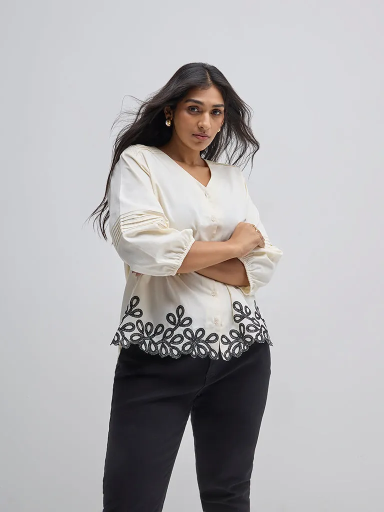 Gia Cream Embroidered Design Cotton Blouse