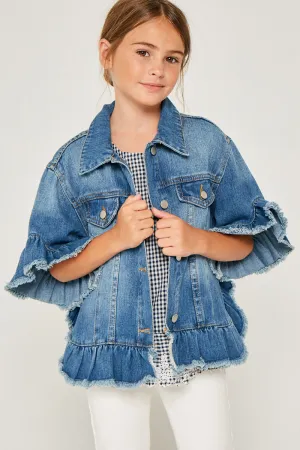 Girls Ruffle Stone Wash Denim Jacket