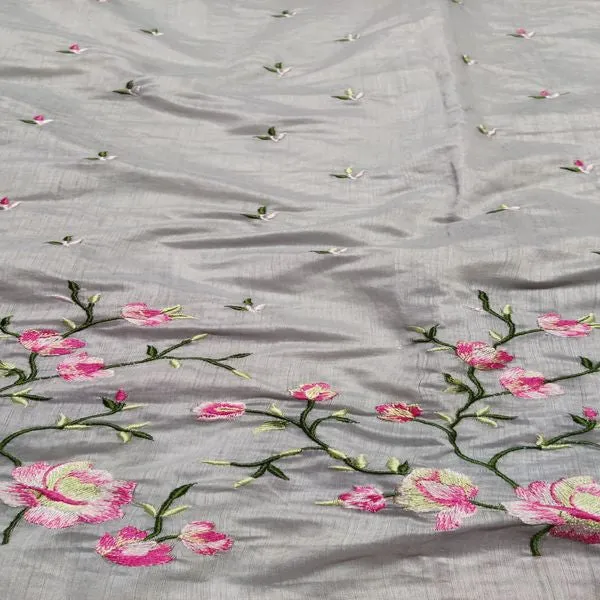 Grey Floral Embroidered Chanderi Fabric (Wholesale)