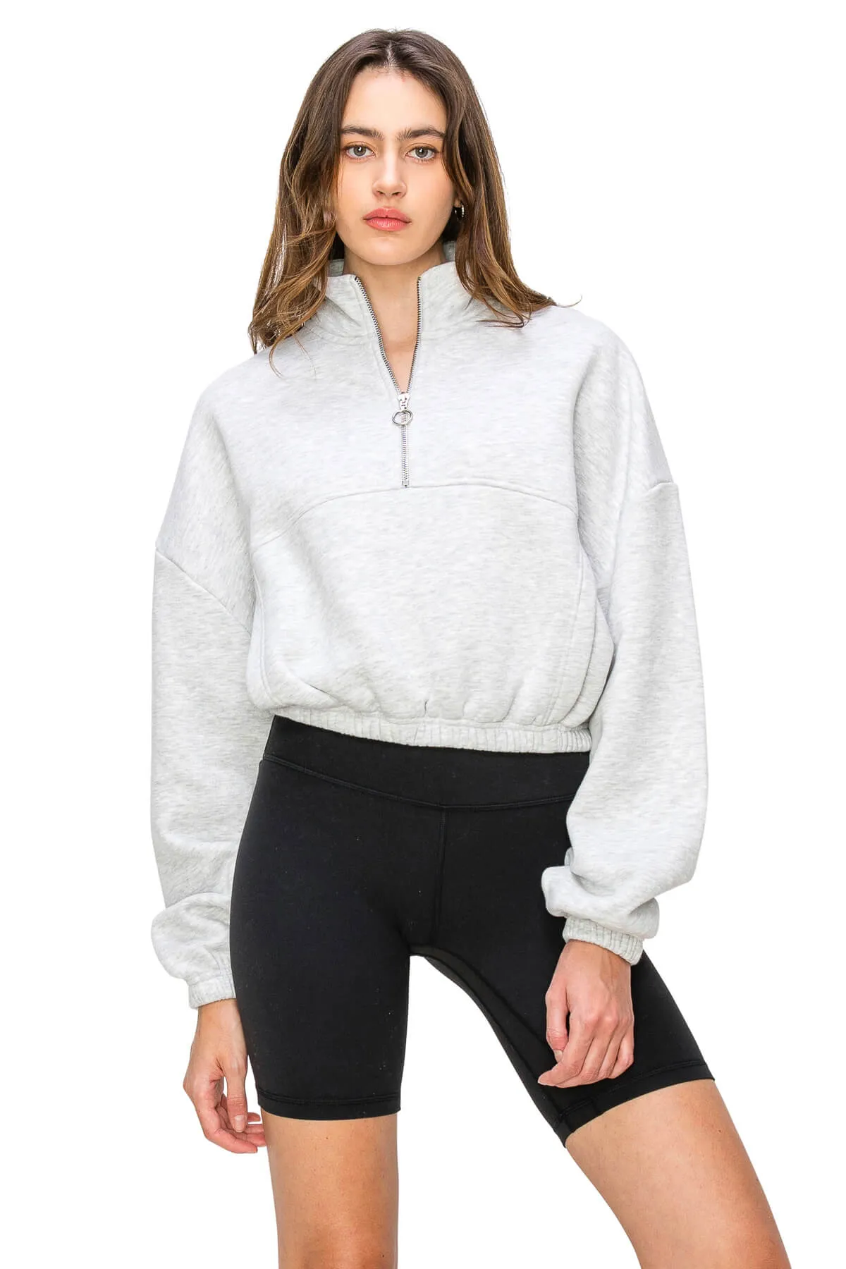 Half Zip Up Cropped Sweatshirts - Heather Grey