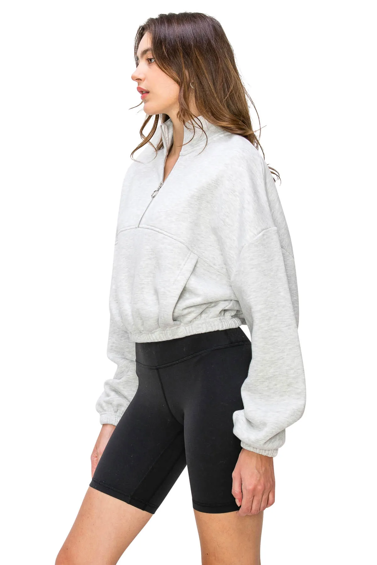 Half Zip Up Cropped Sweatshirts - Heather Grey