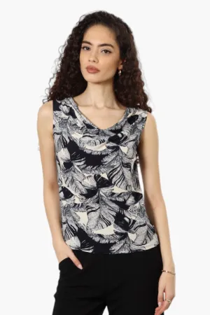 Impress Leaf Pattern Cowl Neck Tank Top - Navy