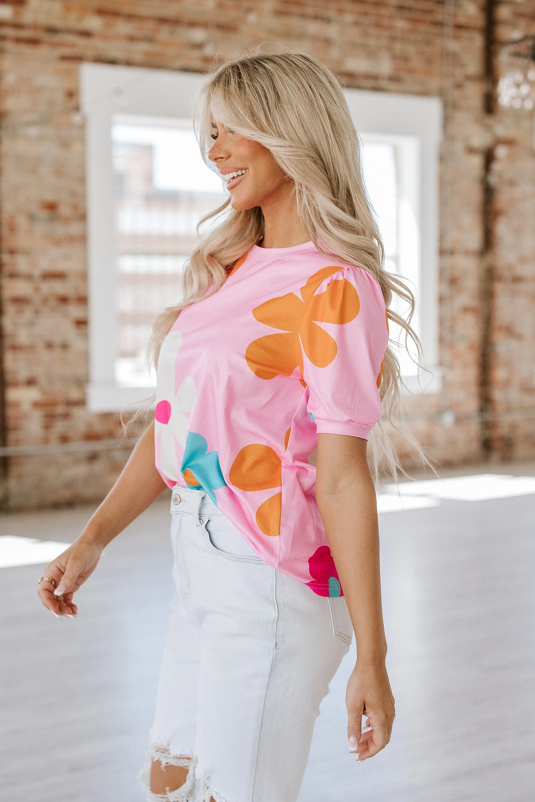 Kenzie Flower Print Bubble Sleeve Top