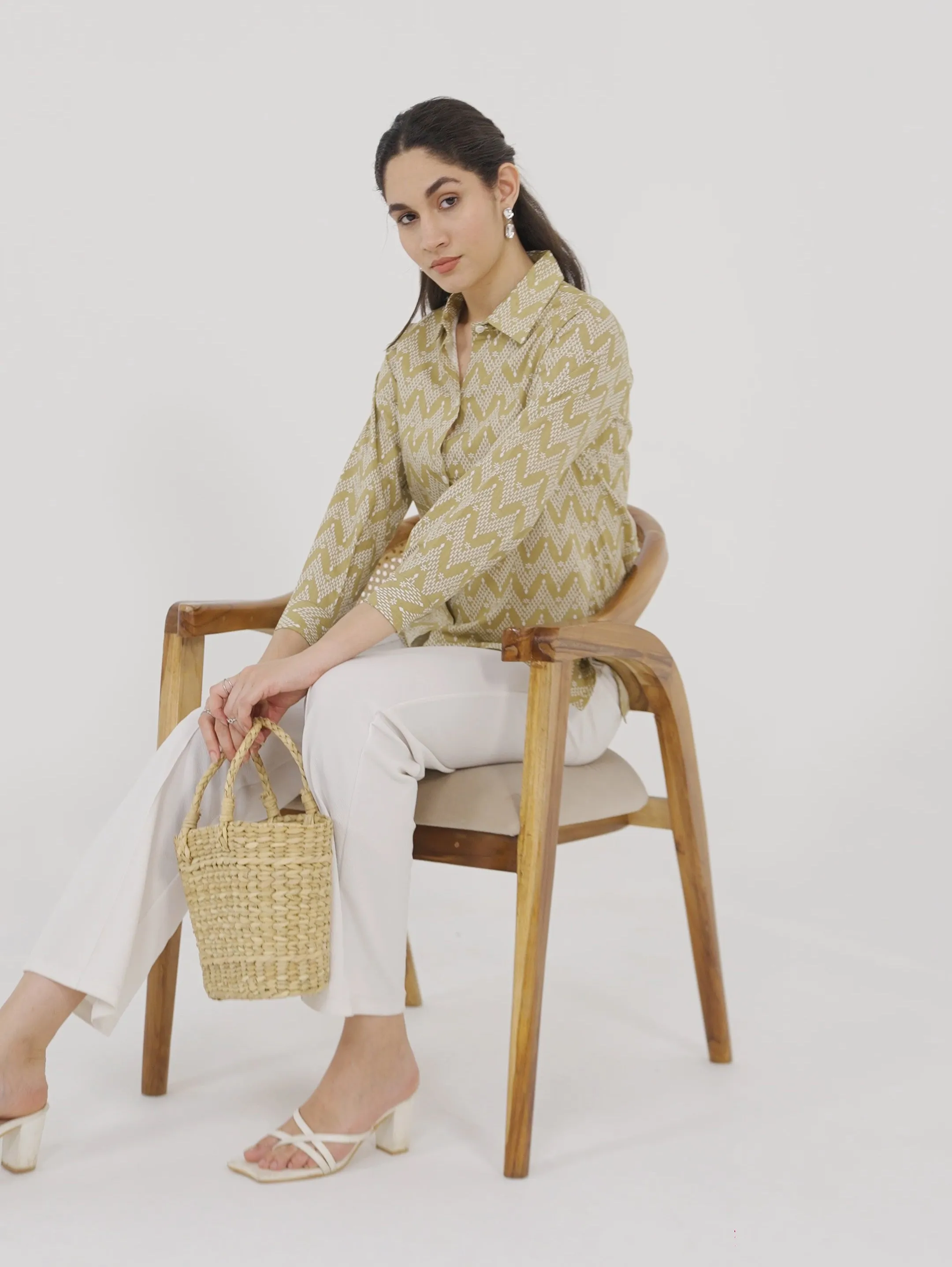 Khaki Zigzag Print Linen Shirt