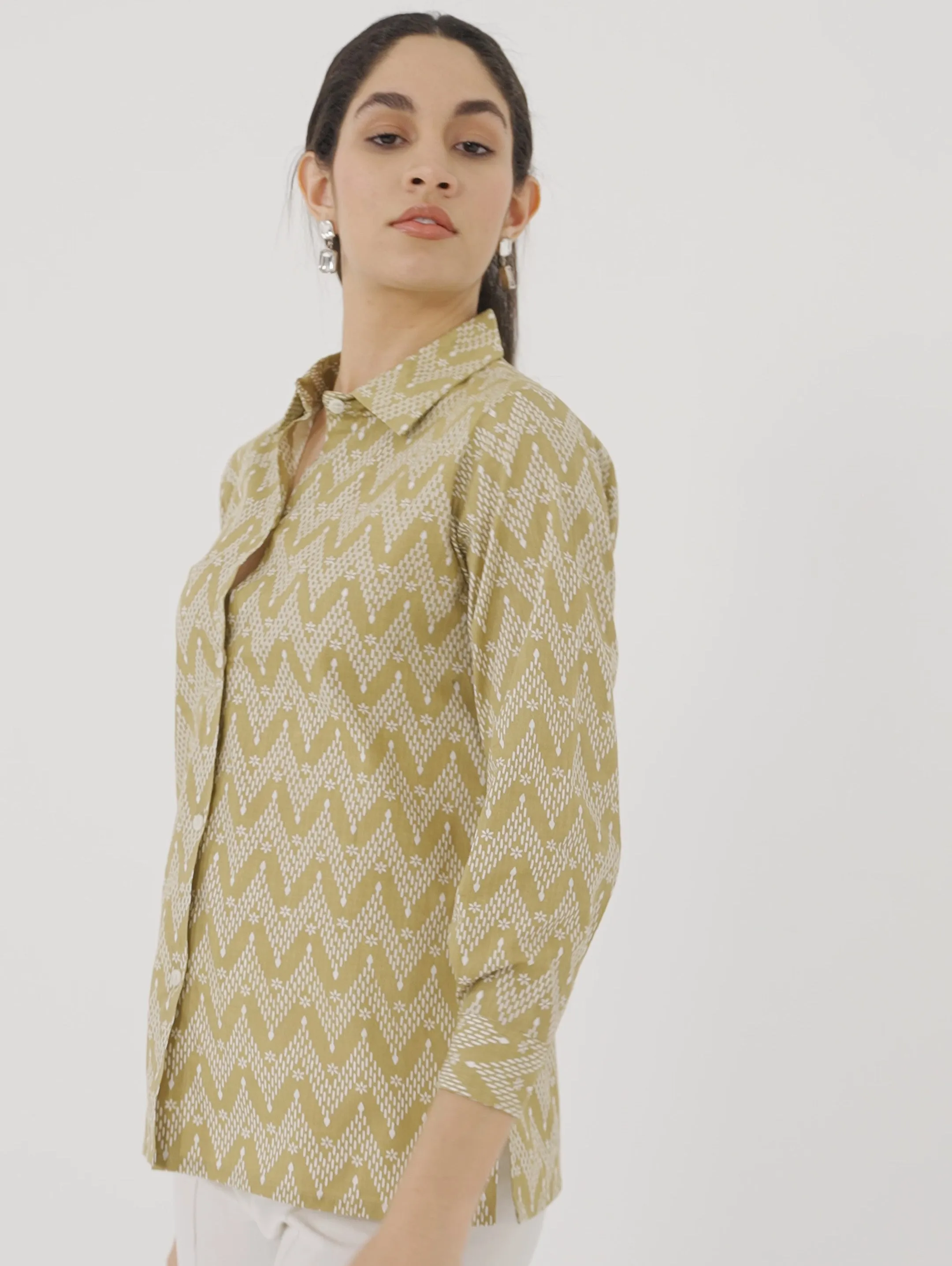 Khaki Zigzag Print Linen Shirt