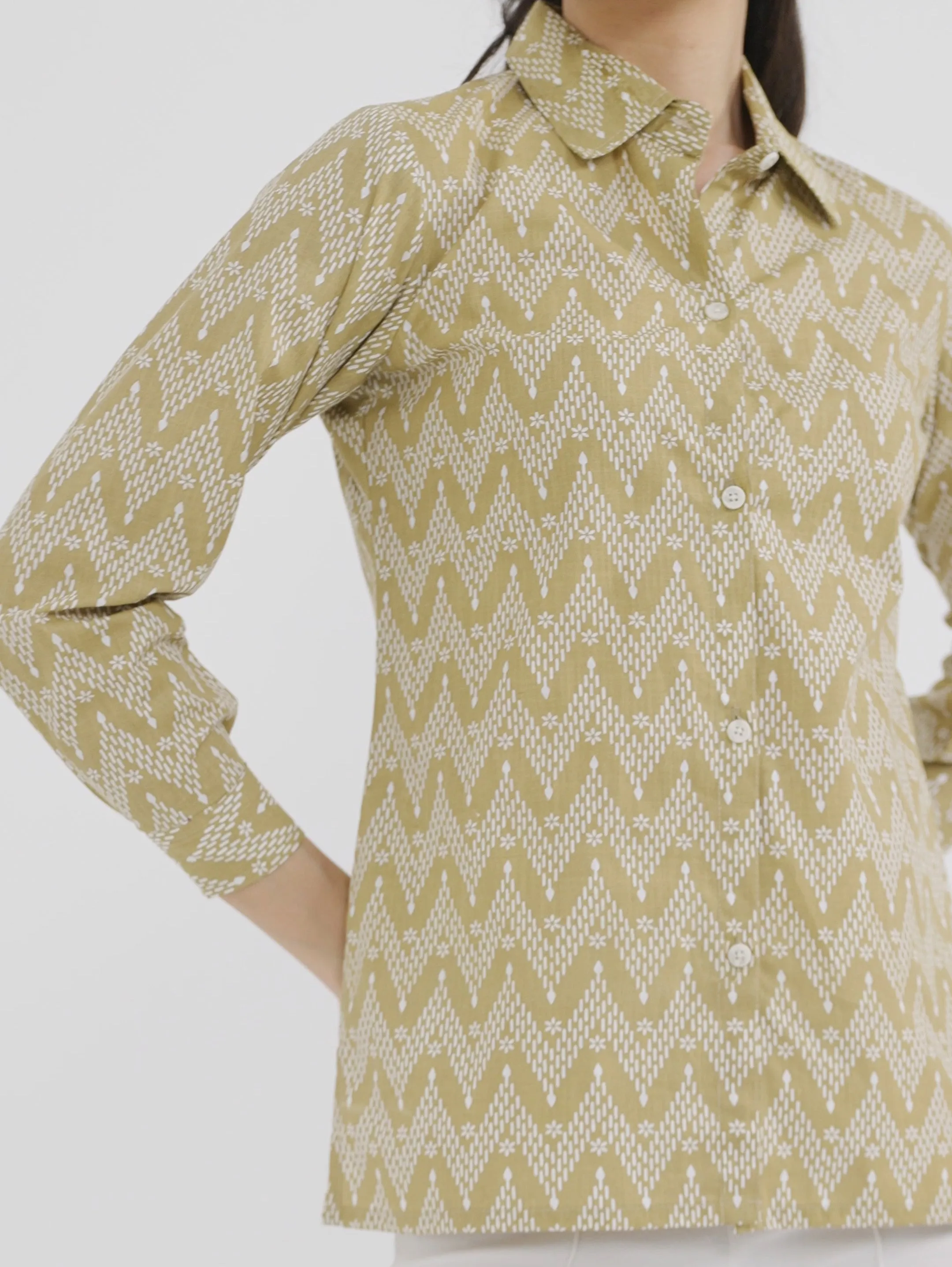 Khaki Zigzag Print Linen Shirt