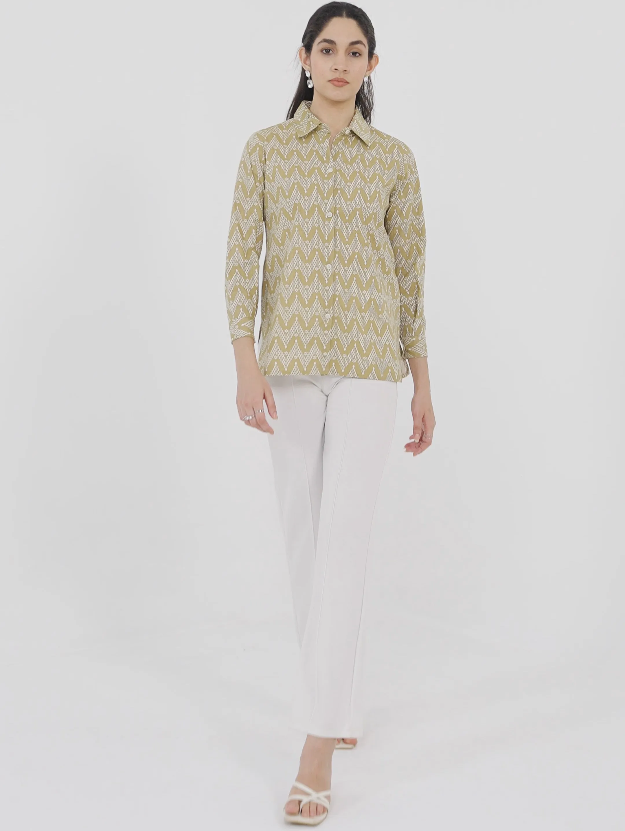 Khaki Zigzag Print Linen Shirt