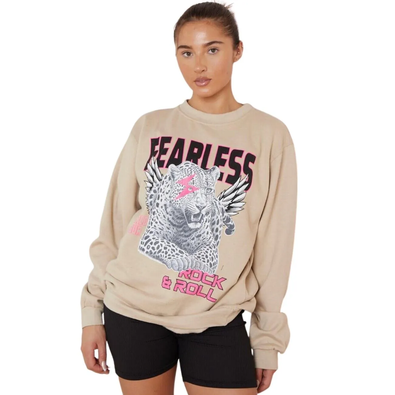 Ladies FEARLESS Tiger Print ROCK & ROLL Sweatshirt Women’s Oversized Sweater Jumper Top