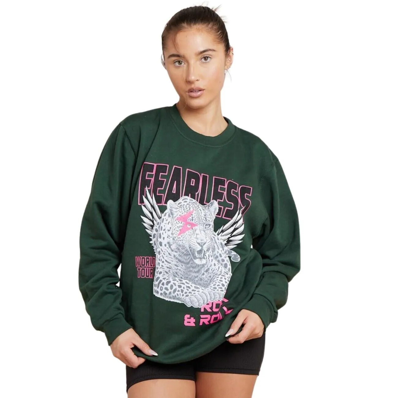 Ladies FEARLESS Tiger Print ROCK & ROLL Sweatshirt Women’s Oversized Sweater Jumper Top