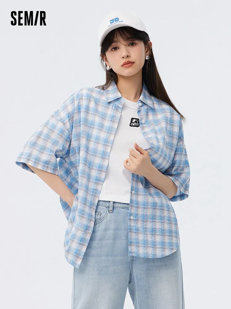 Ladies Yarn Puff Plaid Shirt