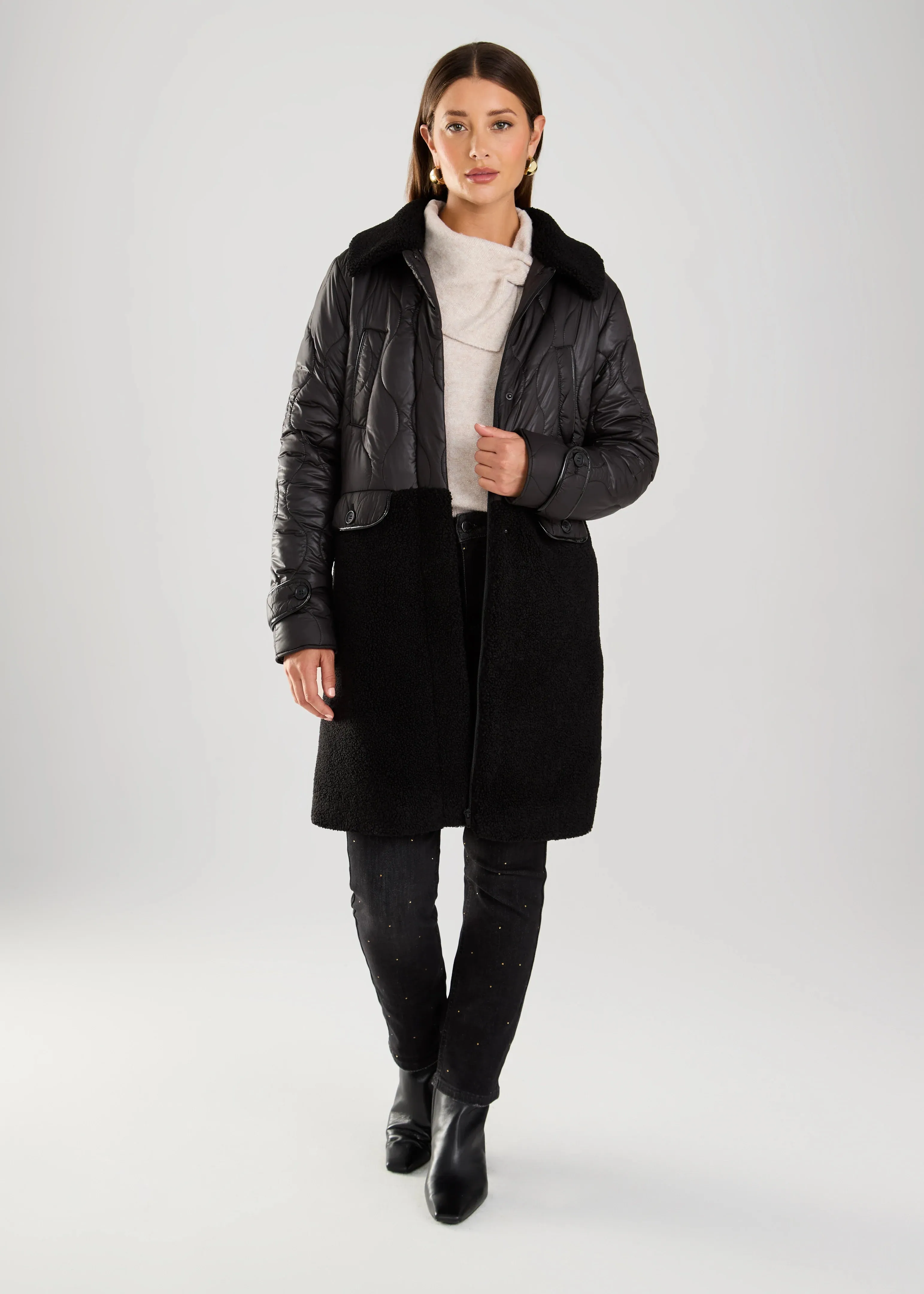 Long Mixed Media PU Outerwear. Style FD1869857