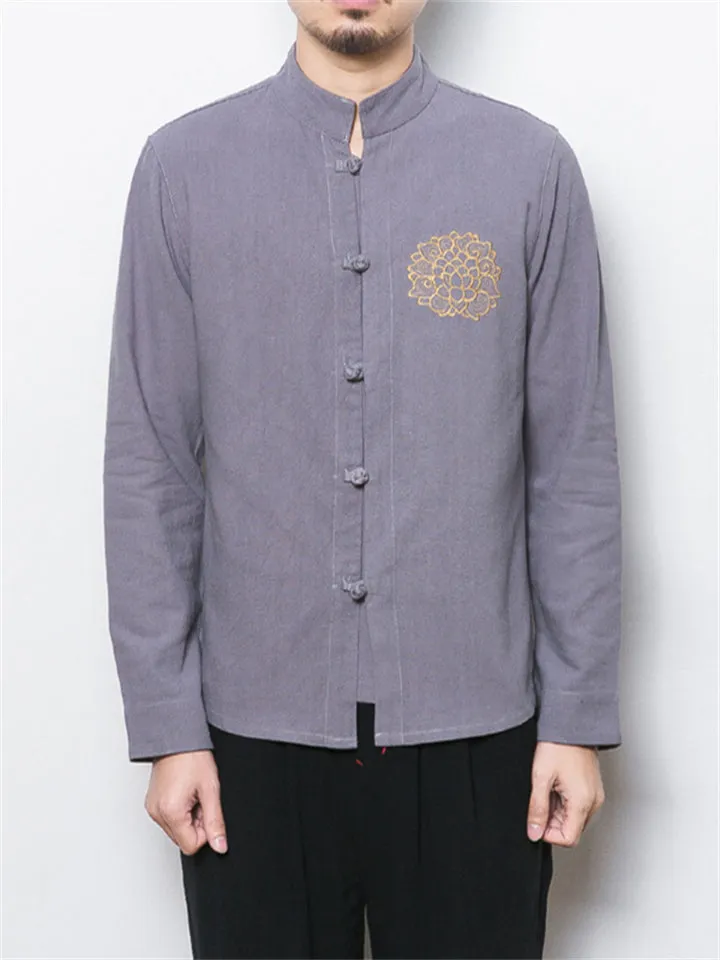 Lotus Embroidery Pattern Linen Shirts