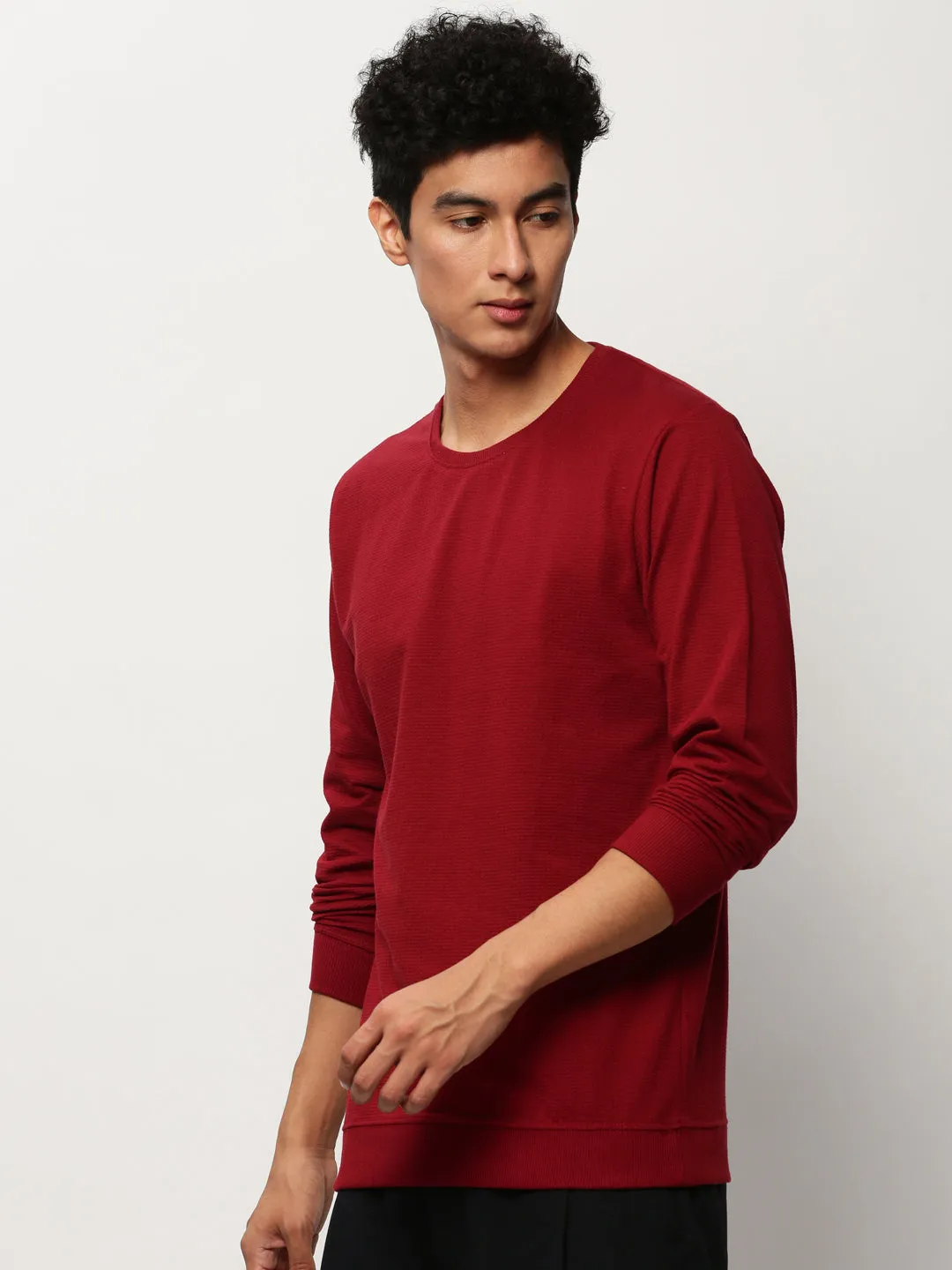 Men Maroon Solid Casual Sweatshirts