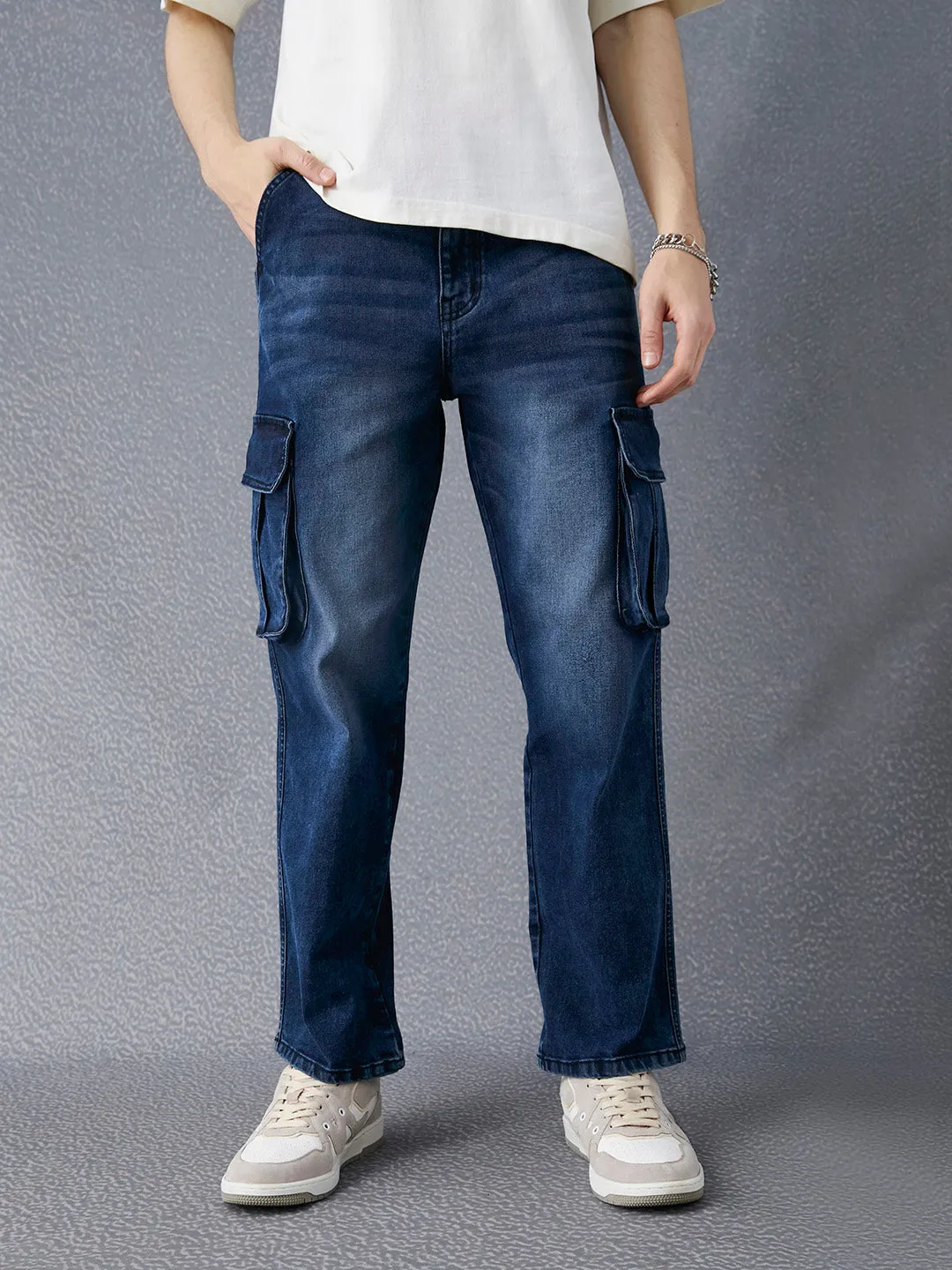 Men Premium Cototn Stretch Dark Indigo Straight Fit Denim Cargo