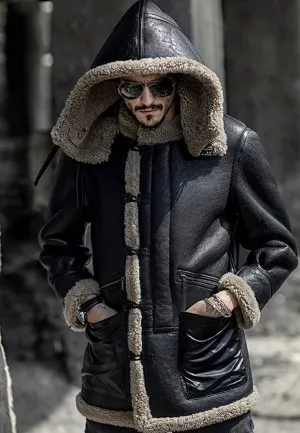 Men's B7 Black Shearling Camouflage Hooded Long Coat