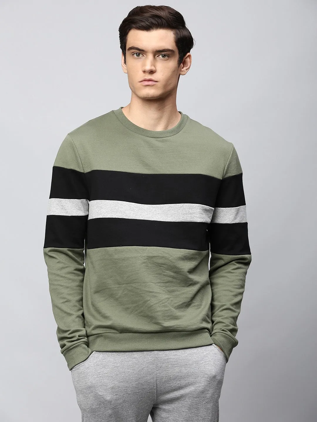 Mens Long-Sleeve Sweatshirt - Lightweight Casual Winterwear  (Light Olive)