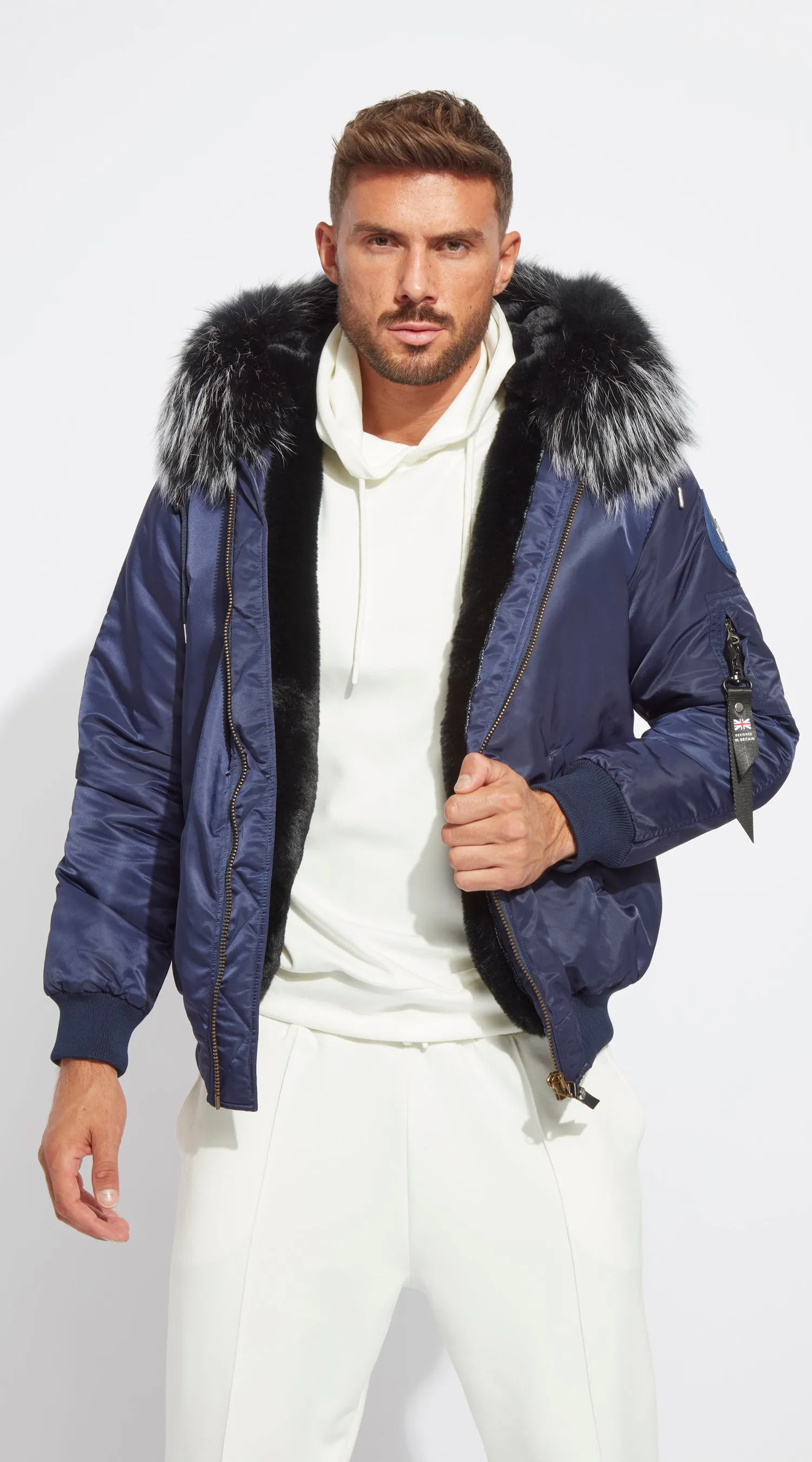 Mens Navy Luxy Fur Bomber - Black Mist