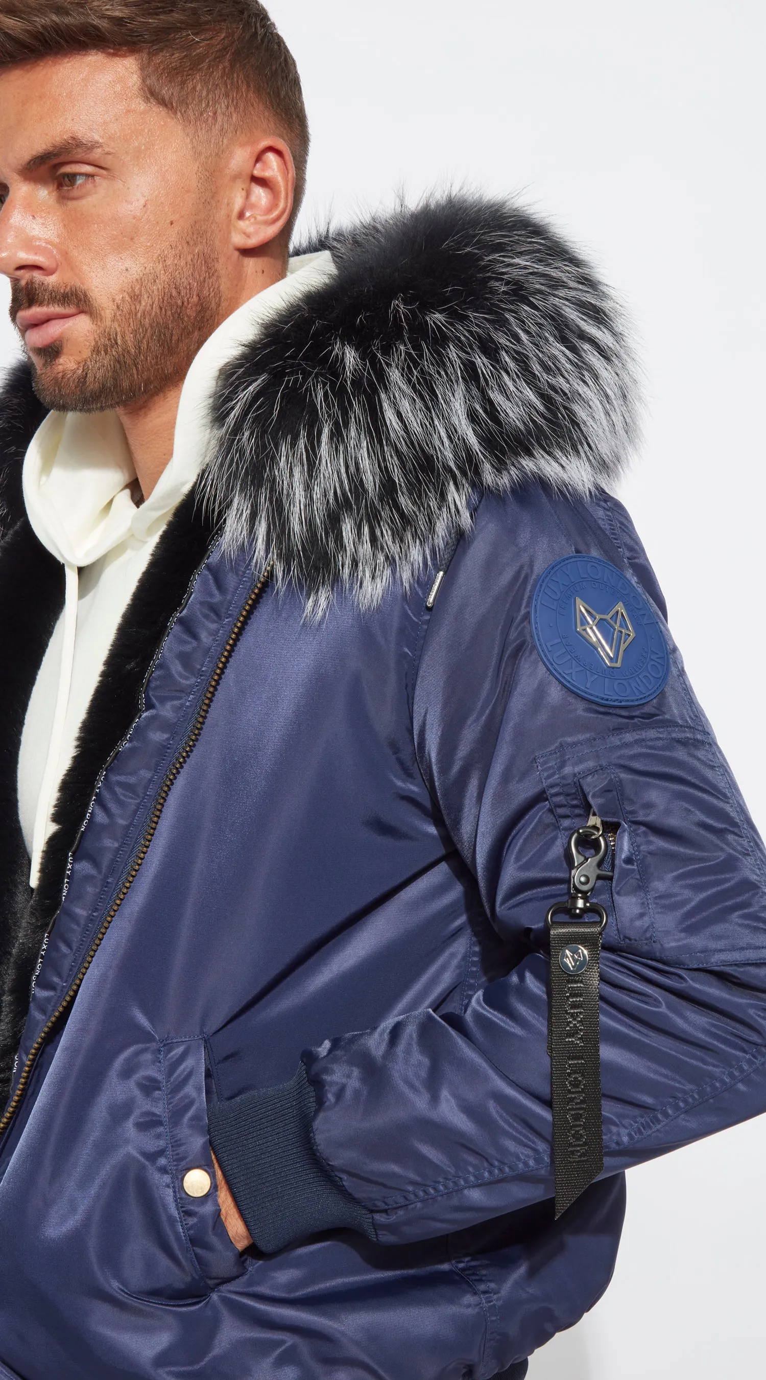 Mens Navy Luxy Fur Bomber - Black Mist