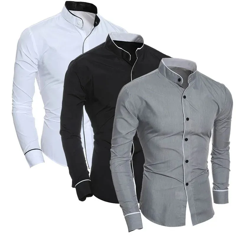 Men's Slim Fit Long Sleeve Shirt with Stand Collar and One Striped Style | Perfect for Everyday Wear