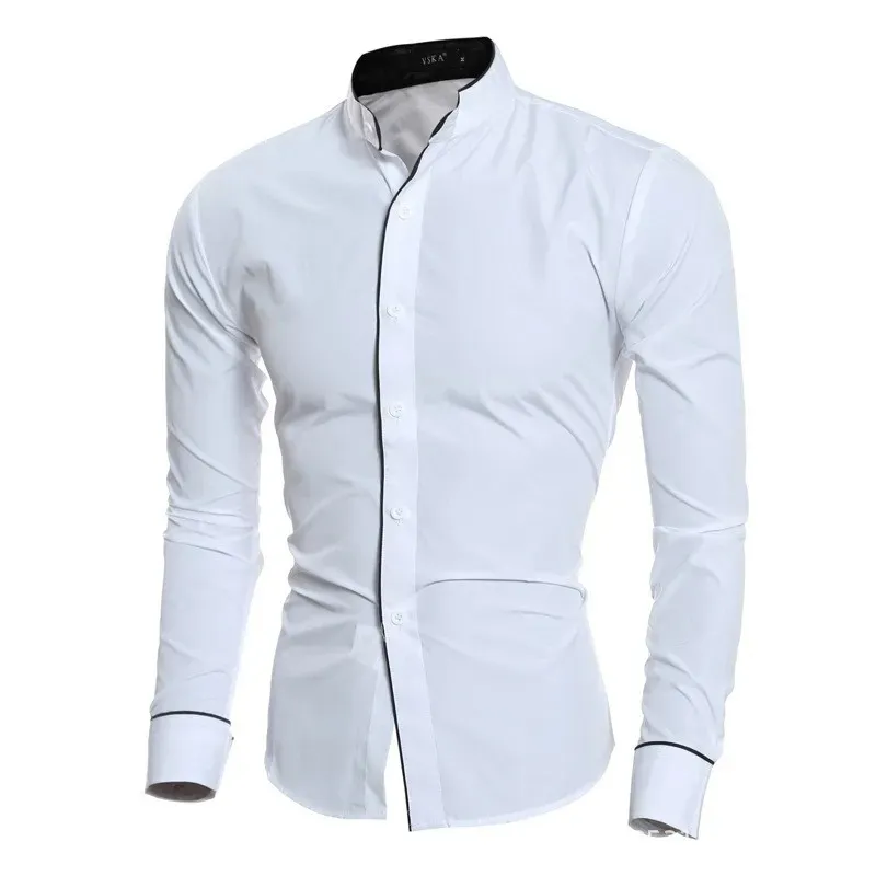 Men's Slim Fit Long Sleeve Shirt with Stand Collar and One Striped Style | Perfect for Everyday Wear