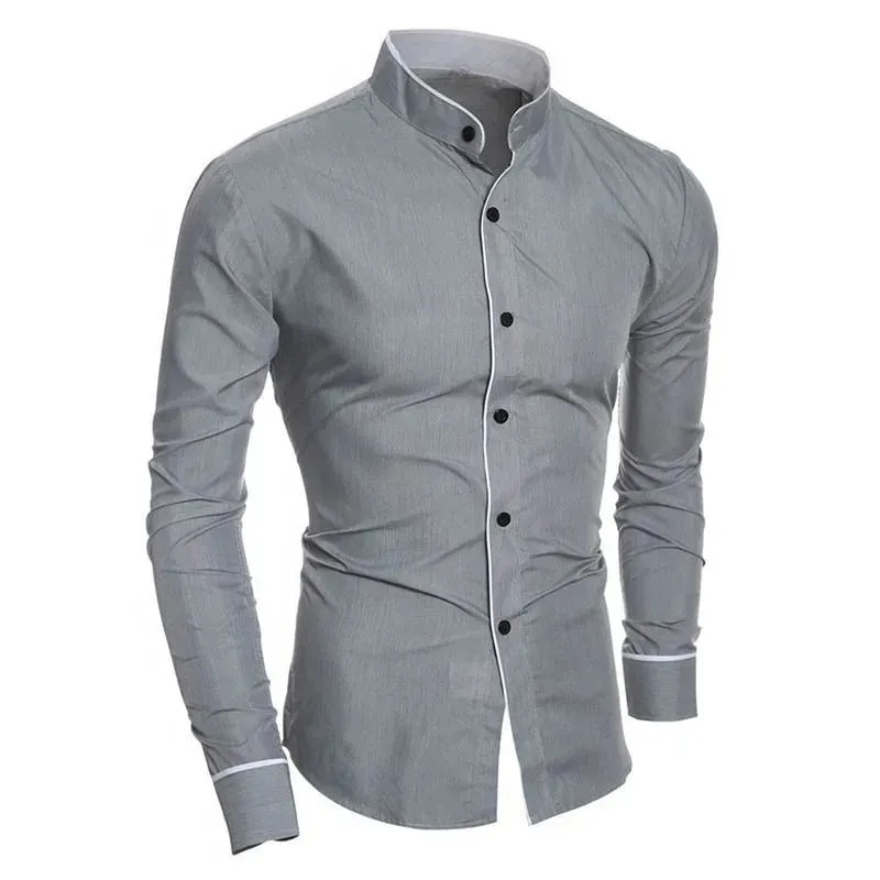 Men's Slim Fit Long Sleeve Shirt with Stand Collar and One Striped Style | Perfect for Everyday Wear