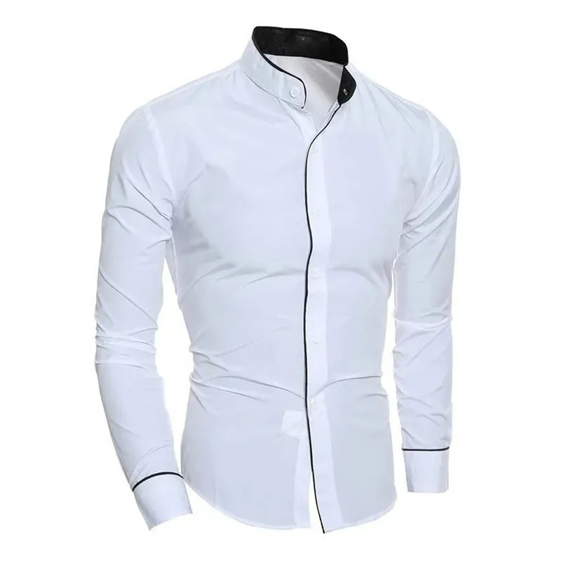 Men's Slim Fit Long Sleeve Shirt with Stand Collar and One Striped Style | Perfect for Everyday Wear