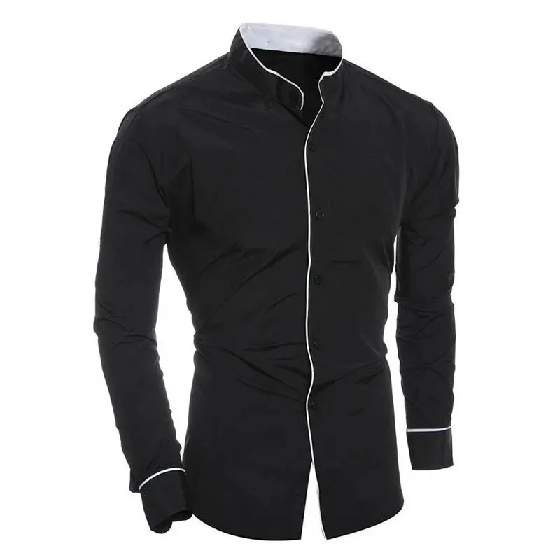 Men's Slim Fit Long Sleeve Shirt with Stand Collar and One Striped Style | Perfect for Everyday Wear