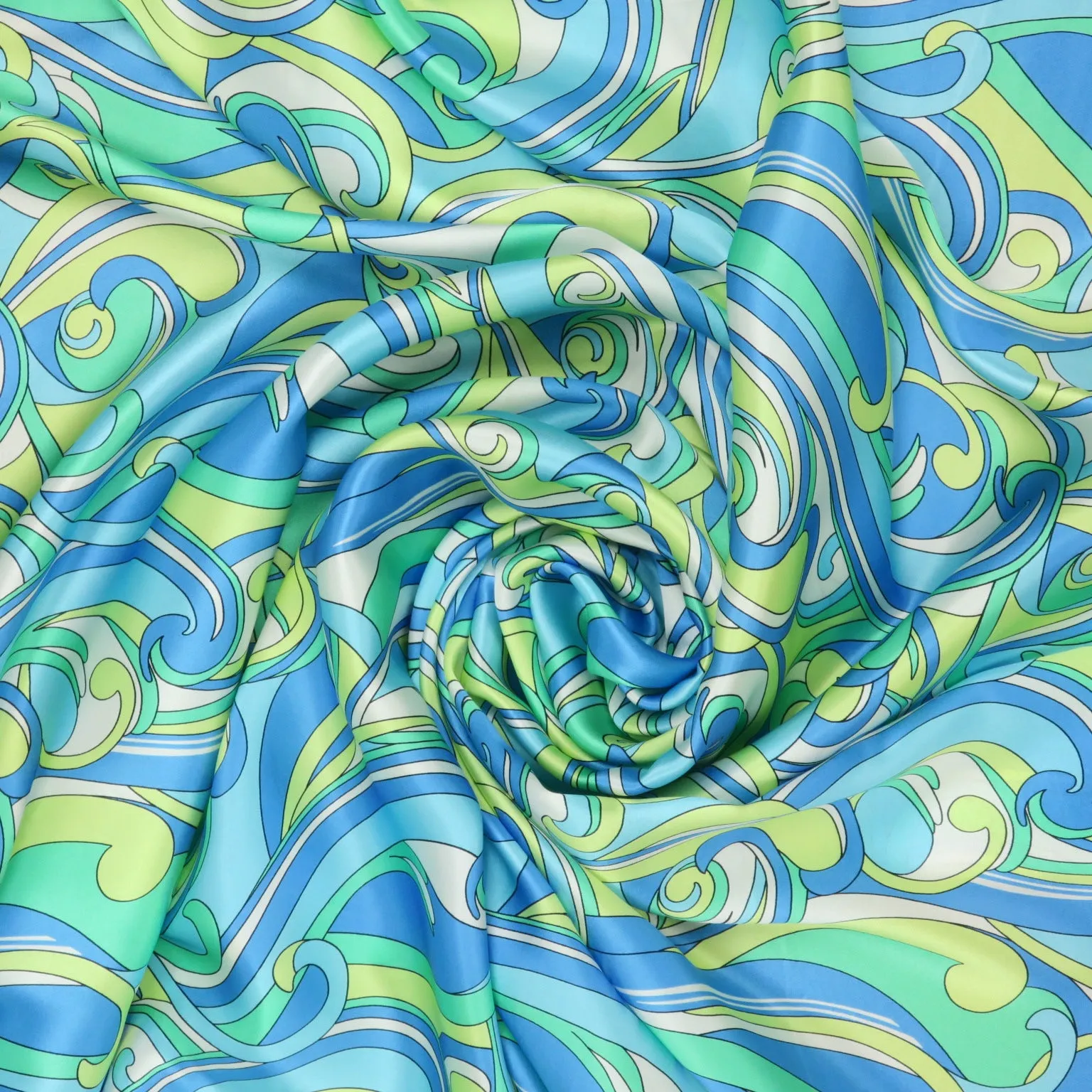 Mint-Blue Waves Abstract Printed Silk Charmeuse Fabric