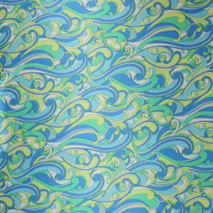 Mint-Blue Waves Abstract Printed Silk Charmeuse Fabric