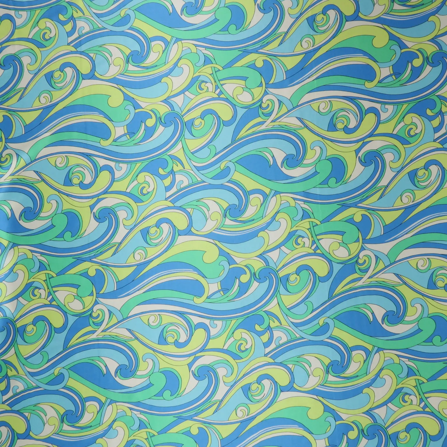 Mint-Blue Waves Abstract Printed Silk Charmeuse Fabric