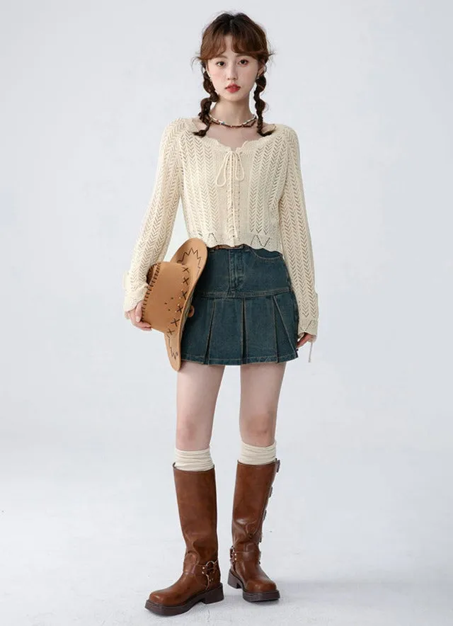 Open Knit Cropped Cardigan with Drawstrings