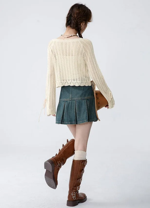 Open Knit Cropped Cardigan with Drawstrings