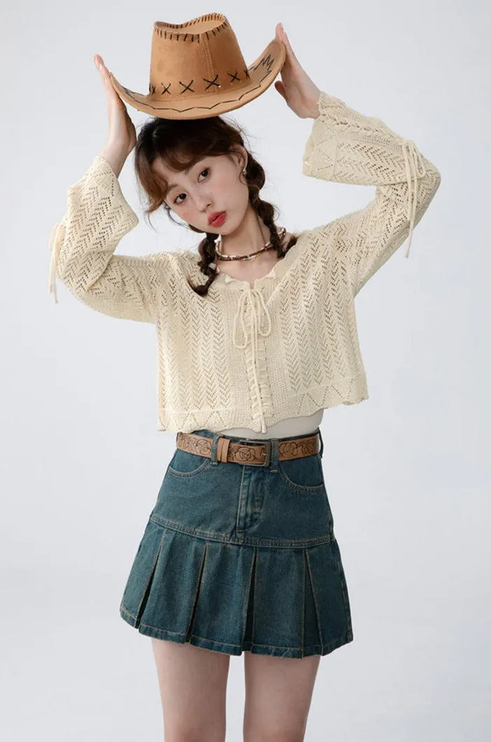 Open Knit Cropped Cardigan with Drawstrings